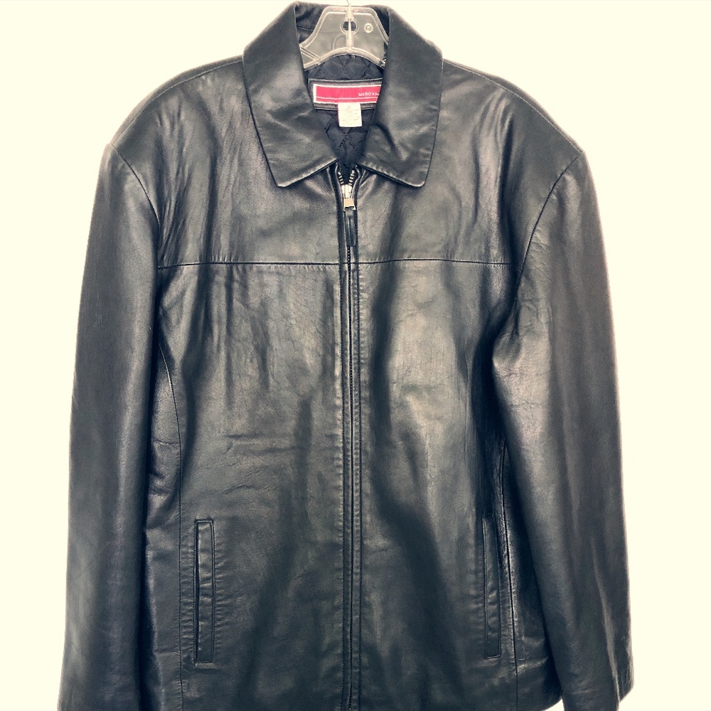 Merona Men Black Leather Jacket Size Medium Lined